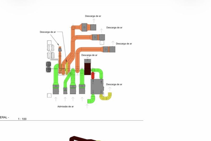 Desenho técnico de sistema de ventilação, com trajetos de conduta identificados